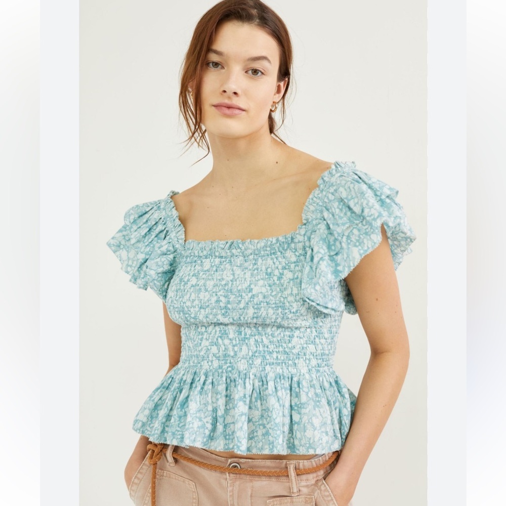 Love the Label Anthropologie Smocked Ruffle Flutter Sleeve Crop Top Tank